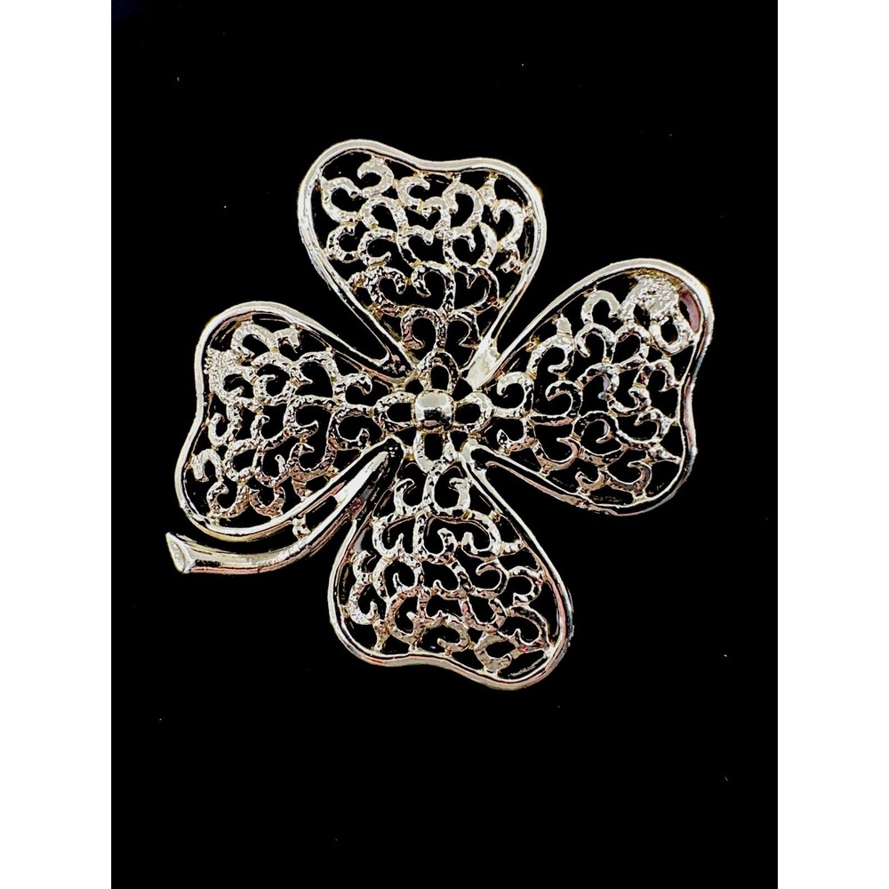 Vtg Sarah Coventry 4 Leaf Clover Brooch Gold Tone Filigree Signed St Patrick Day